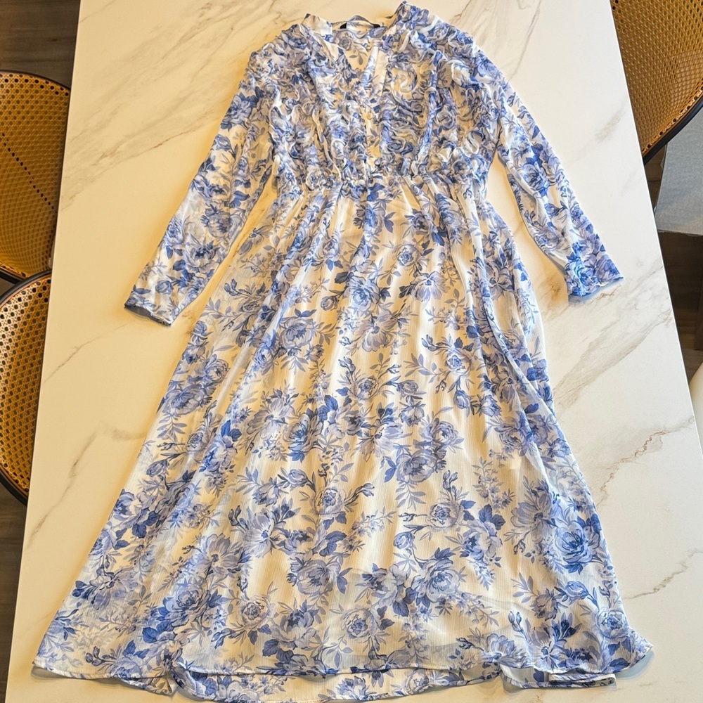 Zara Ruffled Floral Maxi Dress in Blue and White/Floral